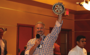 Kirk Alexander displayed the Rotary Plaque that will be attached to the homes built by Rotarians in the next build in Mexico.