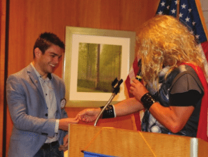 Thor (President David Thorson) presented Erik Astramecki with a 4way test coin for his fundraising efforts.