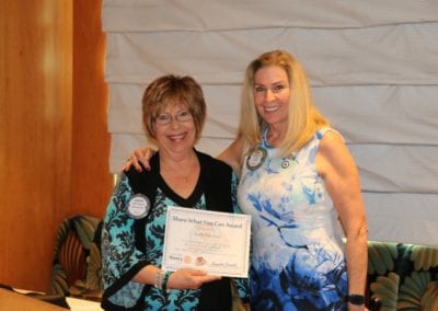 President Jackie presents our speaker Judith Pinkerton with our “Share What You Can Award”.