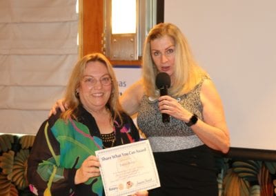 President Jackie presented our speaker Theresa Bower with our Share What You Can Award.