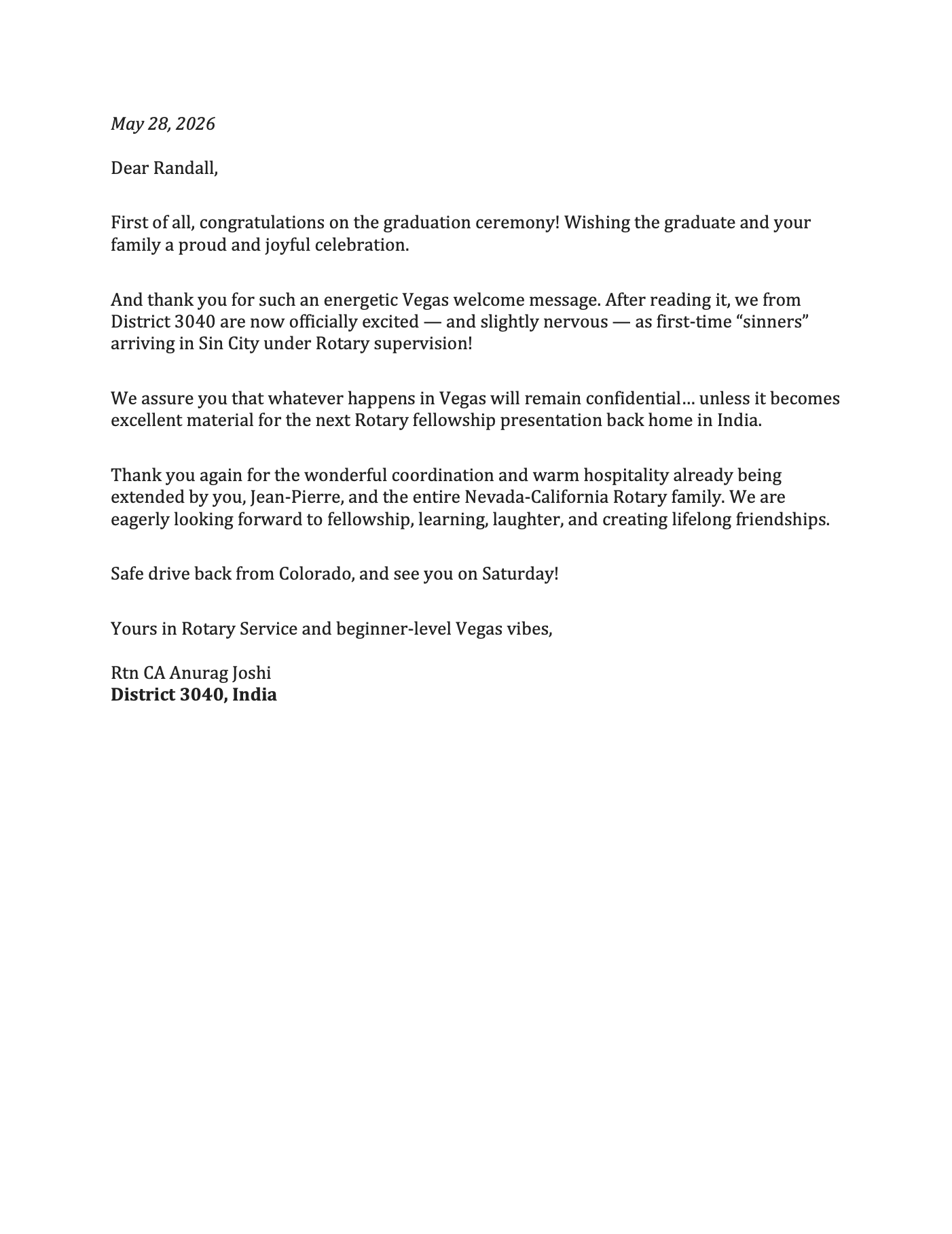 District 3040 Thank You Letter Spread the Word Nevada Thank You Letter to the Las Vegas Rotary Club