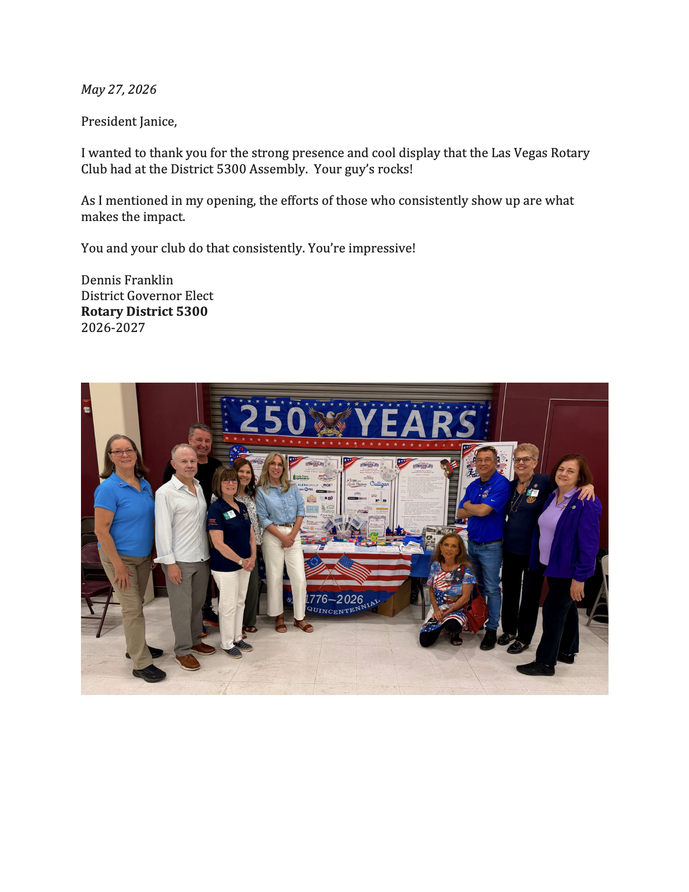 Rotary District 5300 Thank You Letter Spread the Word Nevada Thank You Letter to the Las Vegas Rotary Club