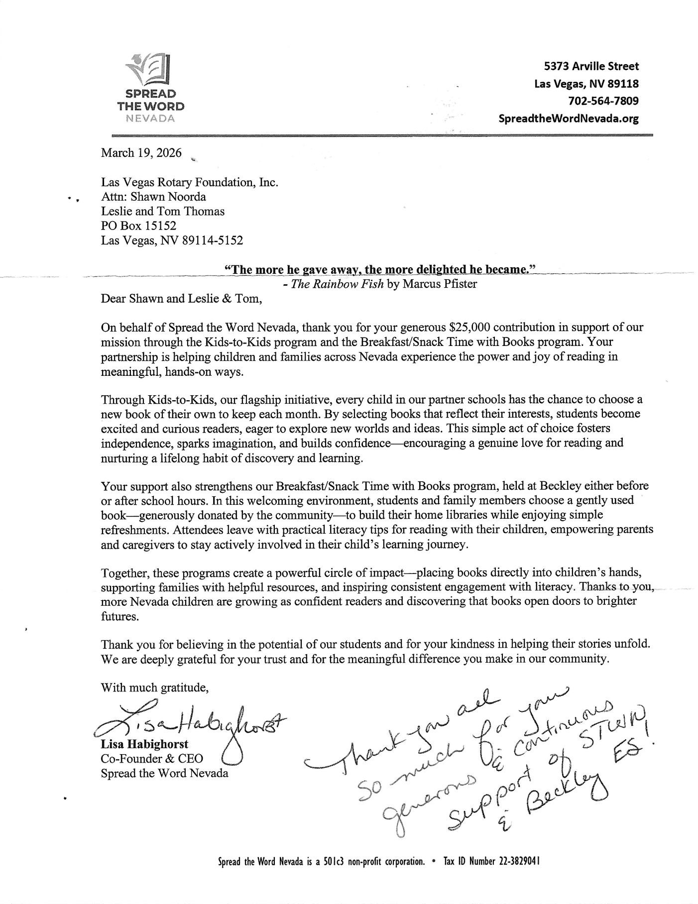Spread The Word Nevada Thank You Spread the Word Nevada Thank You Letter to the Las Vegas Rotary Club