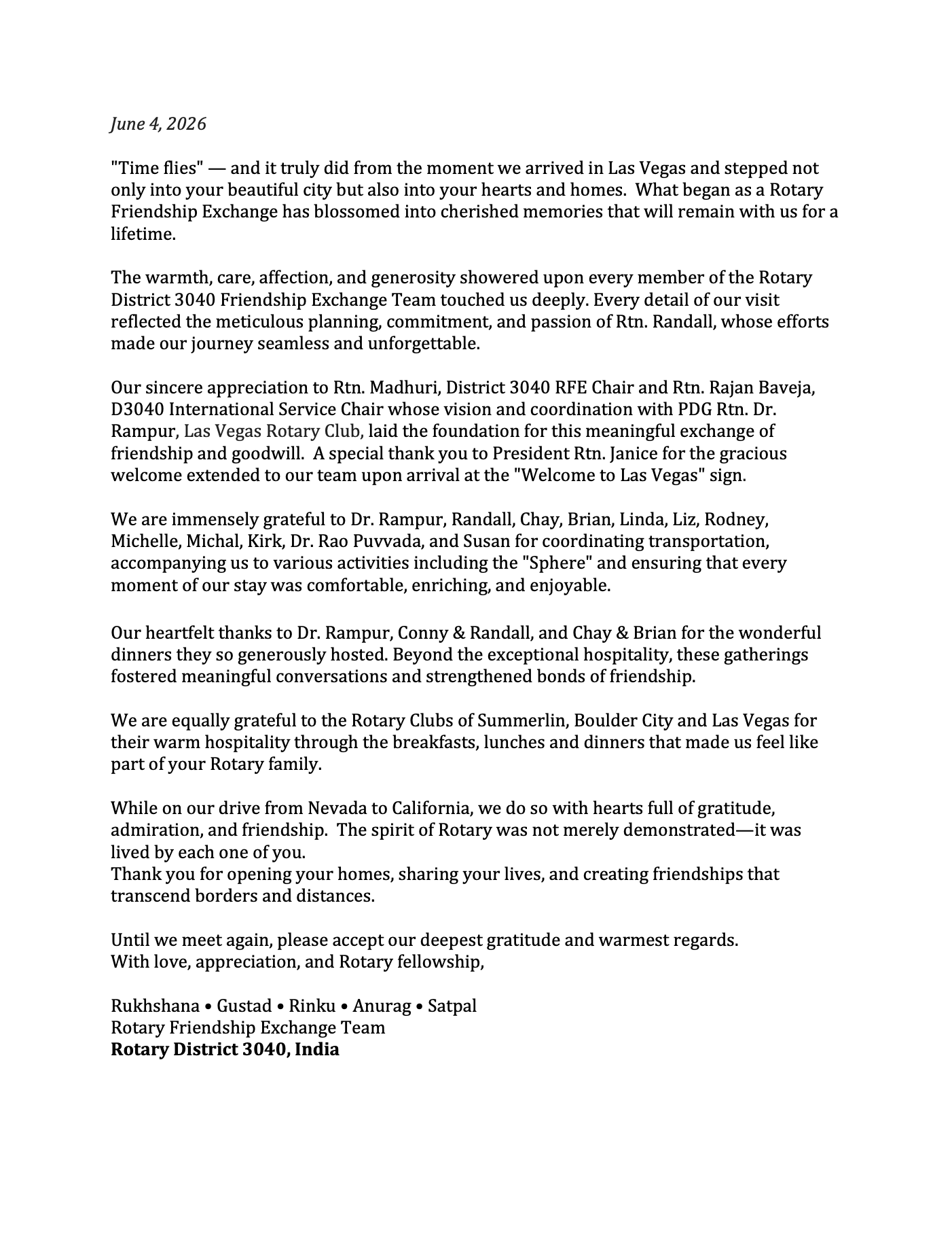 Rotary Friendship Exchange Team Spread the Word Nevada Thank You Letter to the Las Vegas Rotary Club