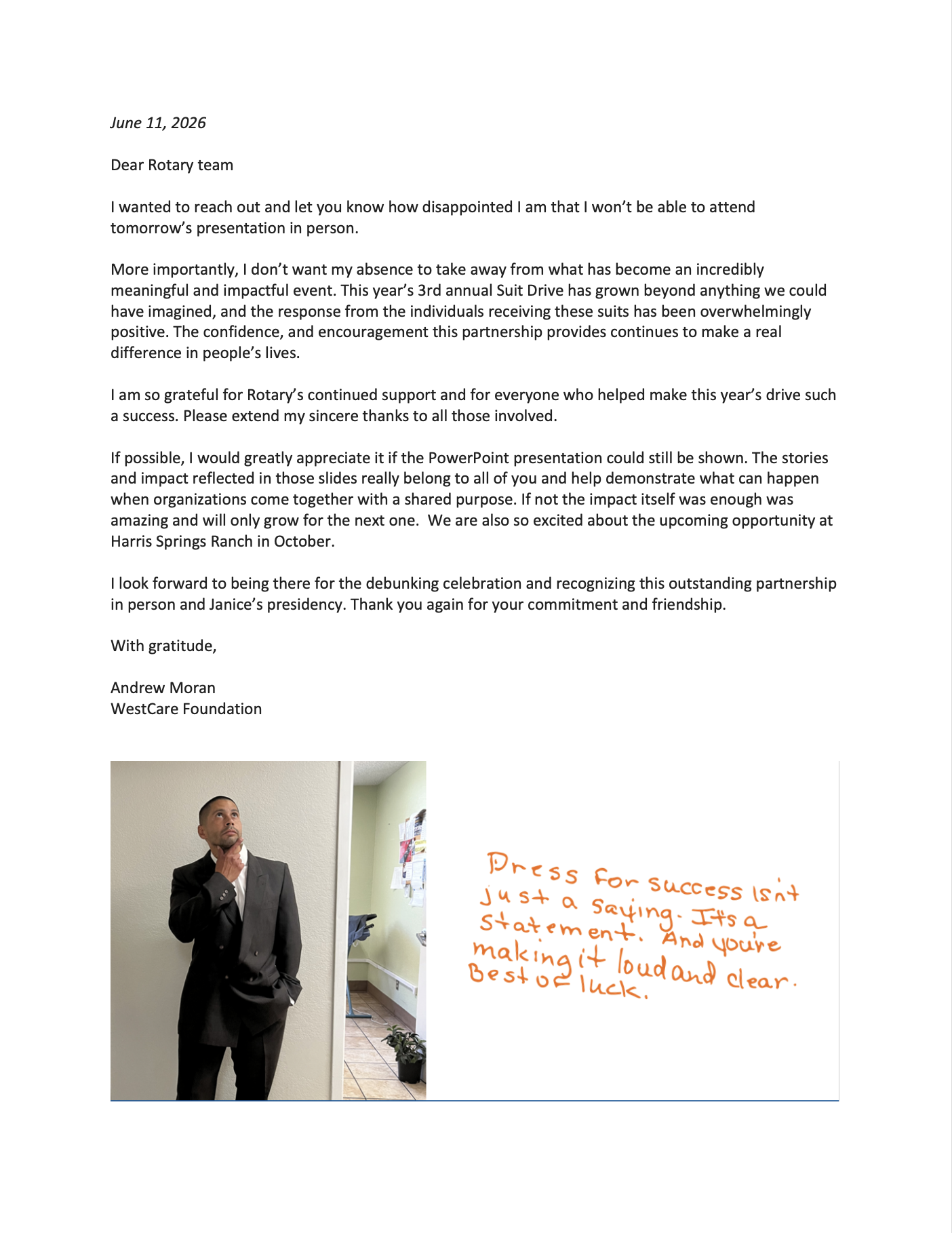 WestCare Foundation Spread the Word Nevada Thank You Letter to the Las Vegas Rotary Club